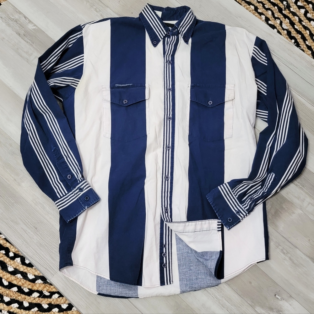 Roper Navy and White Striped Casual Button-Down Shirt